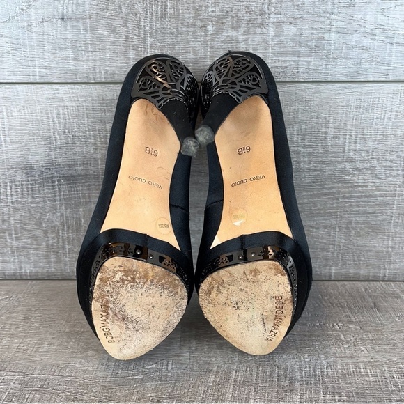 BCBGMAXAZRIA sz 6.5 Dalton black satin peep toe platform pumps metal accents - Picture 10 of 15